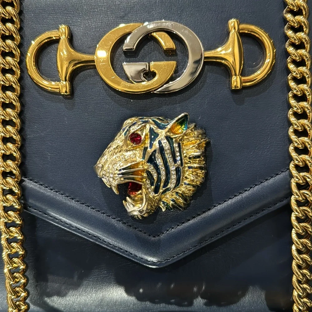 ✨Gucci Rajah Chain Shoulder Bag Leather Medium Blue Handbag Bag - Picture 7 of 16